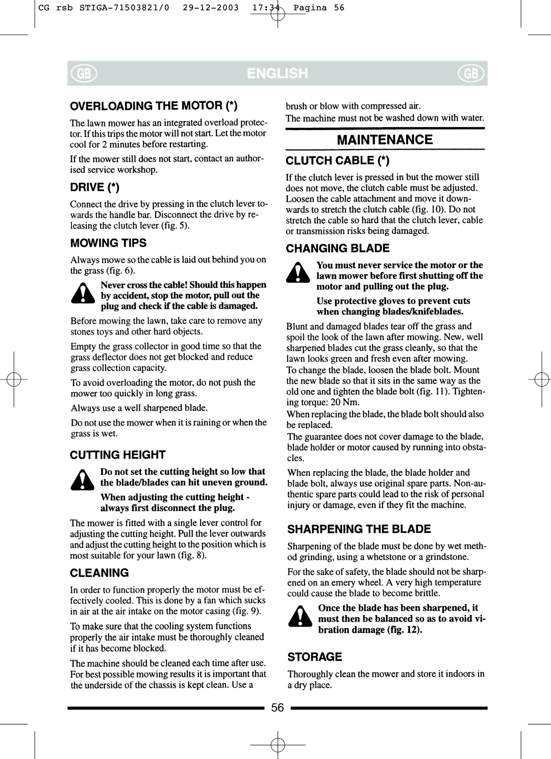 Stiga 45COMBIEL, 45SCOMBIEL manual CG rsb STIGA-71503821/0 29-12-2003 1734 Pagina 