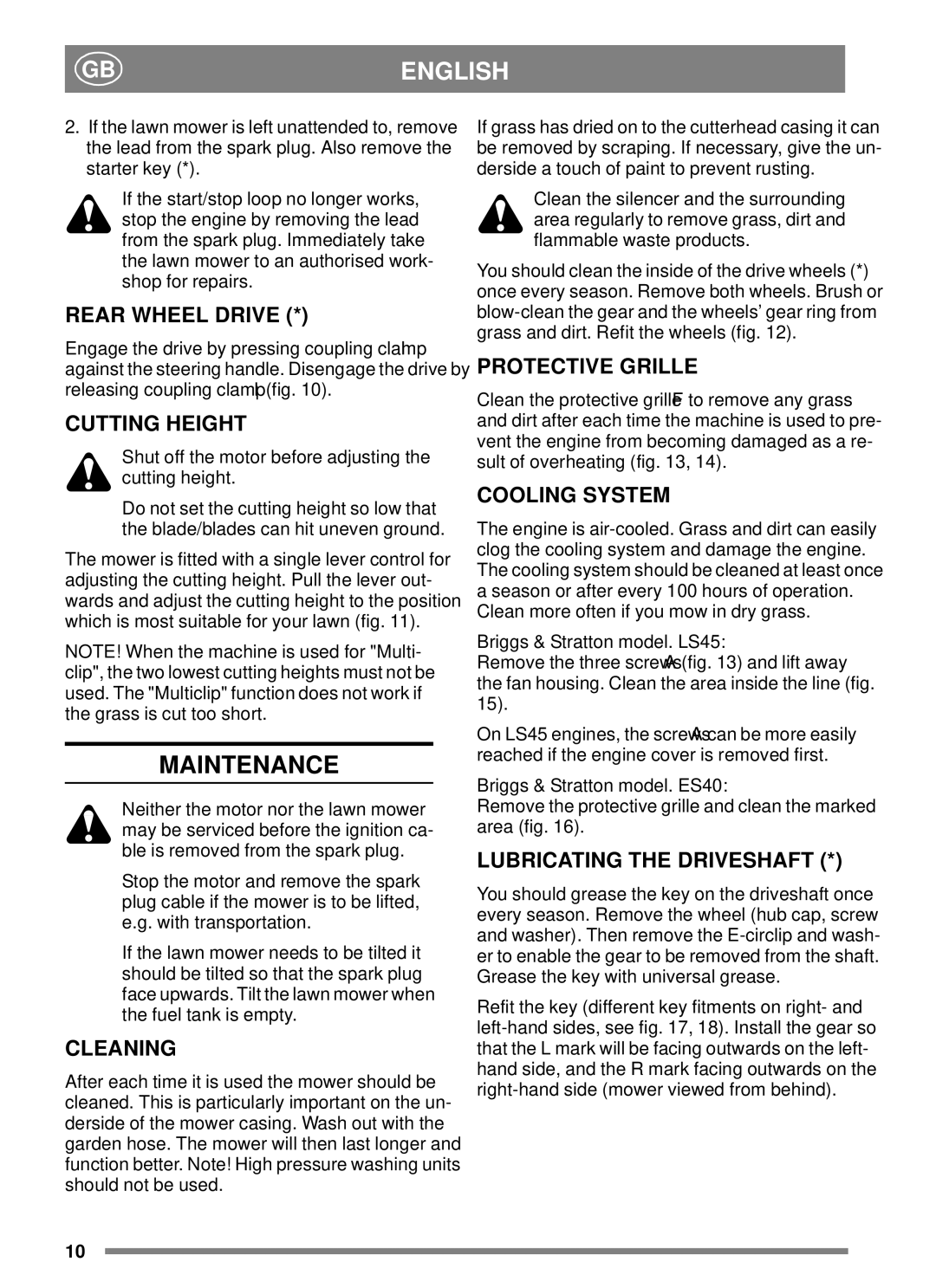 Stiga 45SE manual Maintenance 