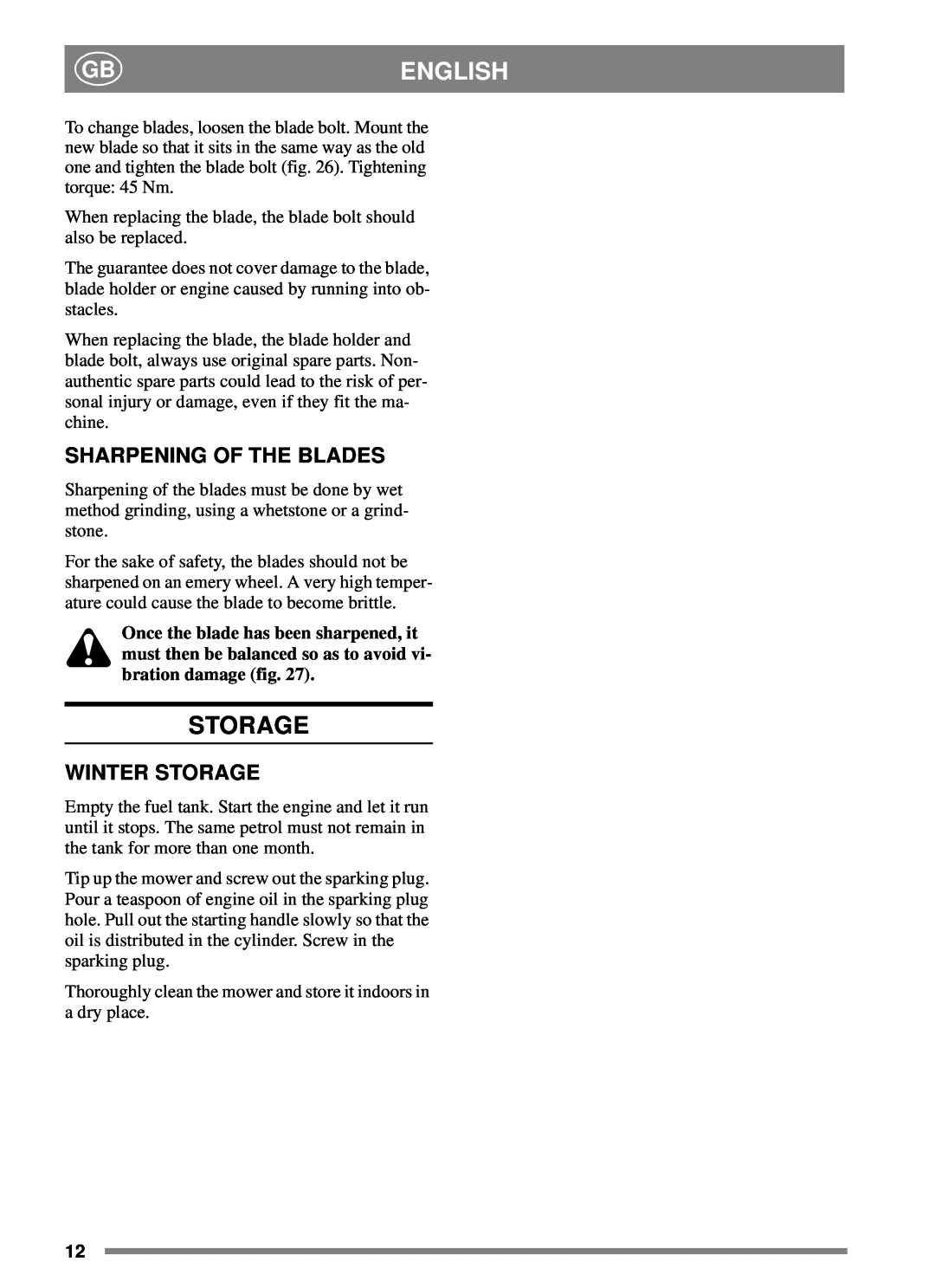 Stiga 45SE manual Sharpening Of The Blades, Winter Storage, English 