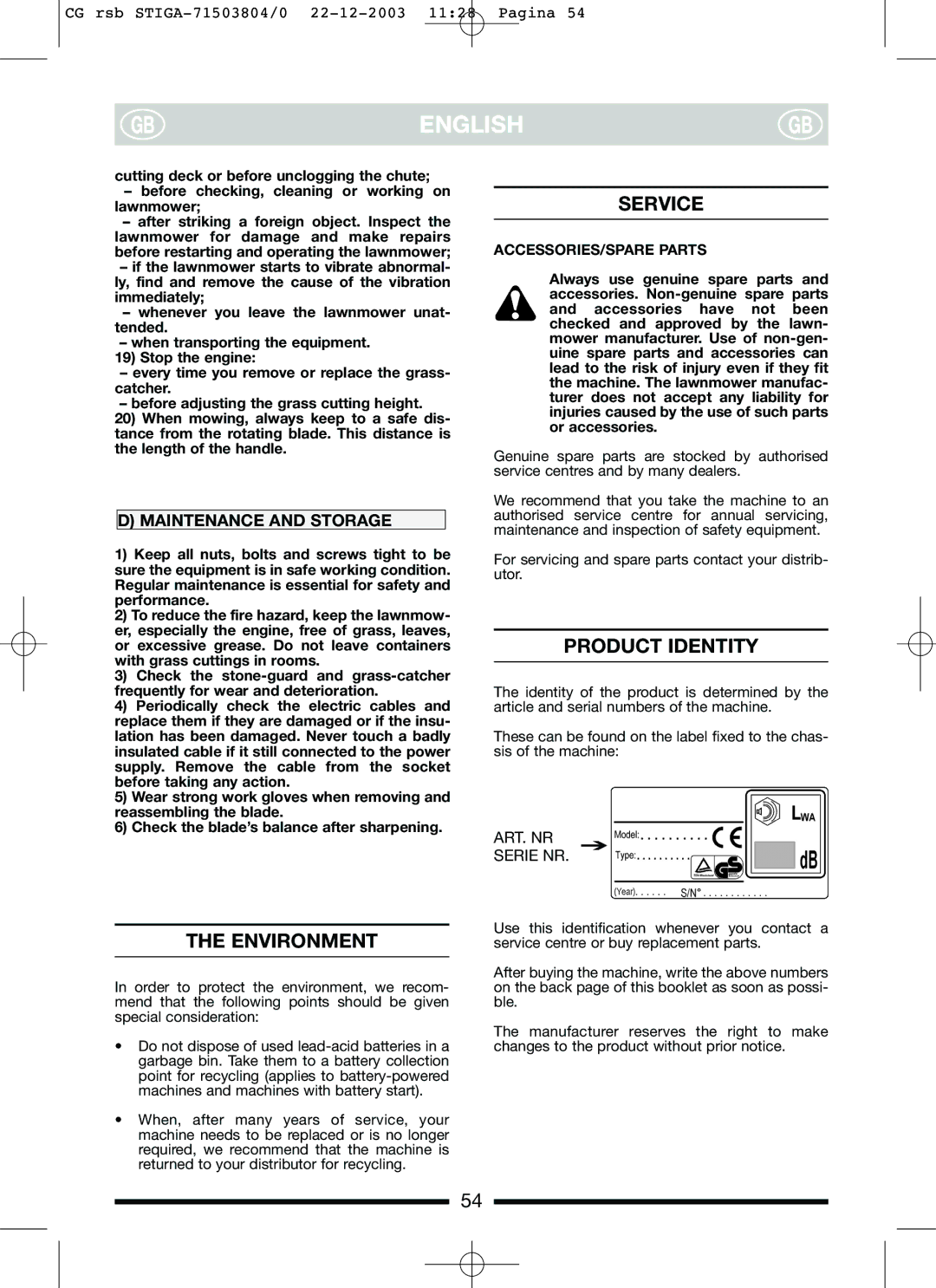 Stiga 45EL, 45SEL manual Environment, Service, Product Identity, Maintenance and Storage 