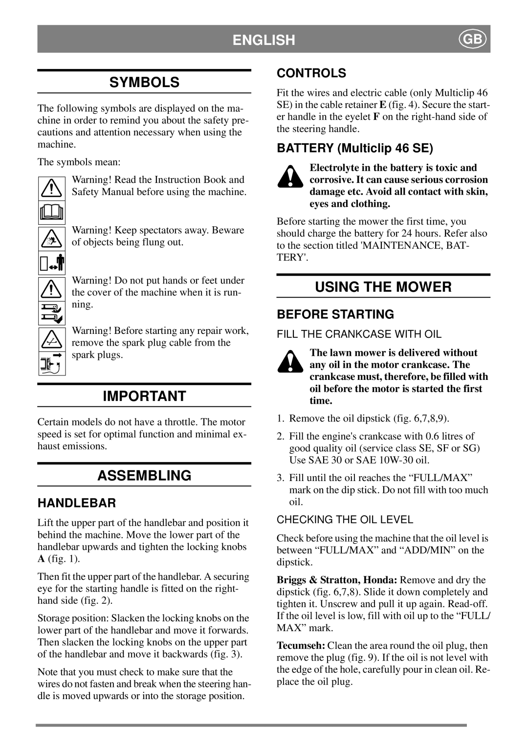 Stiga 46SE manual Symbols, Assembling, Using the Mower 