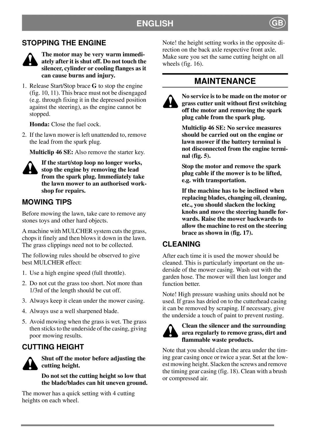 Stiga 46SE manual Maintenance, Stopping the Engine, Mowing Tips, Cleaning, Cutting Height 