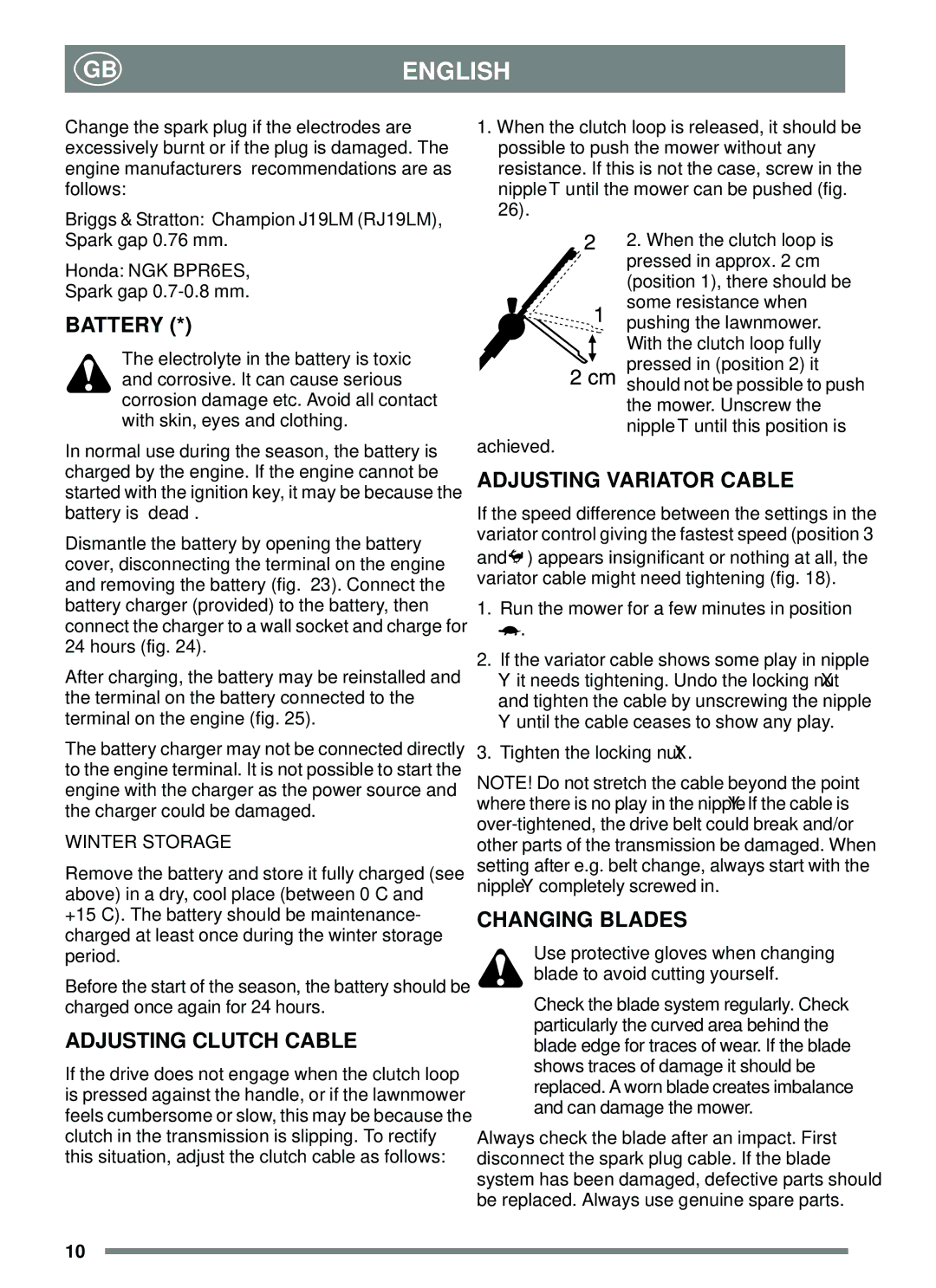 Stiga 48 S ROLLER, 55 S ROLLER manual Adjusting Clutch Cable, Adjusting Variator Cable, Changing Blades 