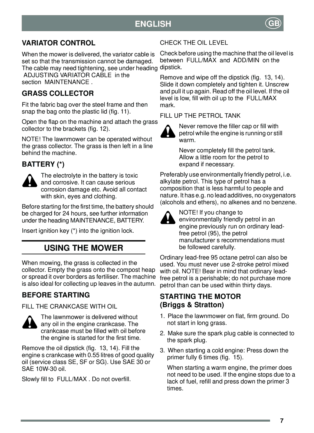 Stiga 55 S ROLLER, 48 S ROLLER manual Using the Mower, Variator Control, Grass Collector, Battery, Before Starting 