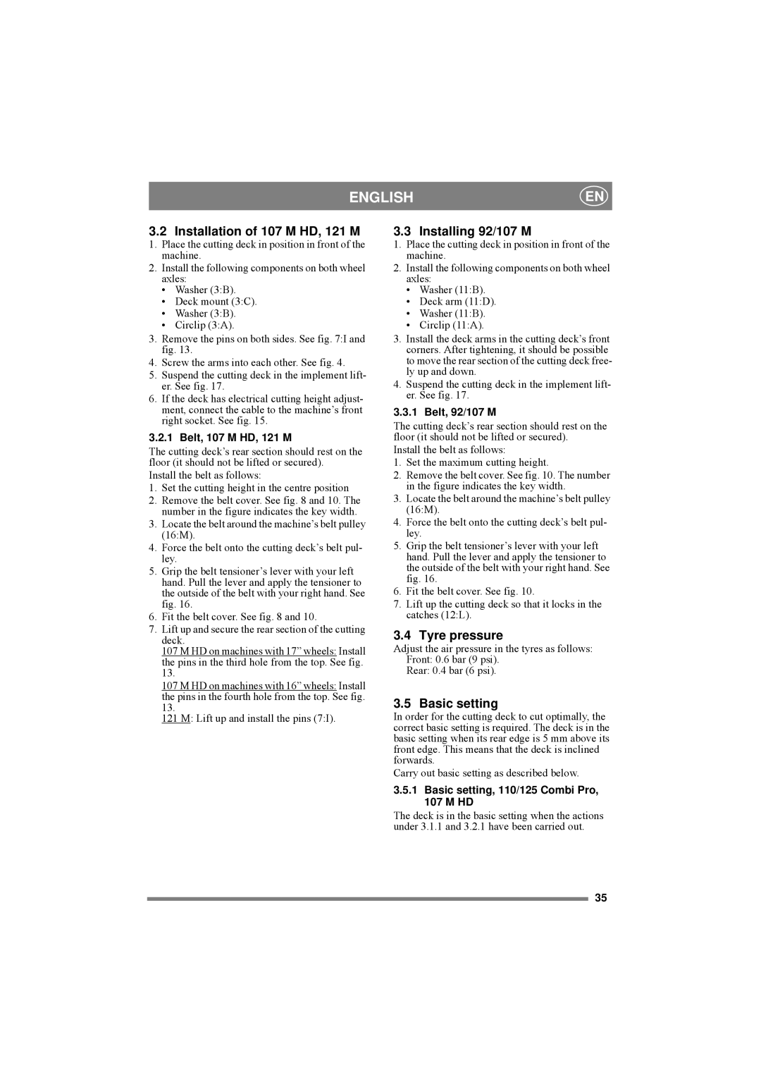 Stiga 4WD manual Installation of 107 M HD, 121 M, Installing 92/107 M, Tyre pressure, Basic setting 