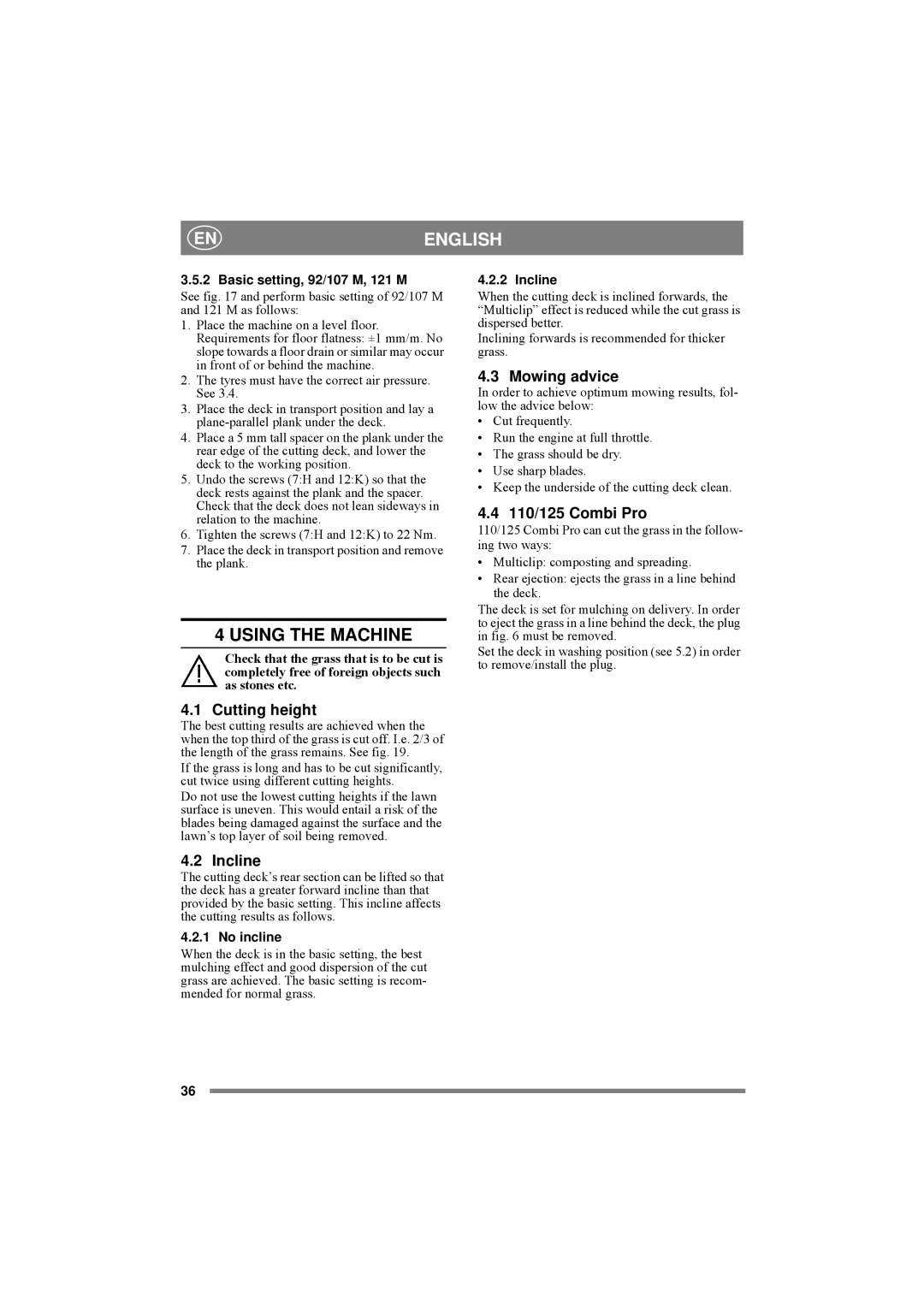 Stiga 4WD manual Using the Machine, Mowing advice, 110/125 Combi Pro, Cutting height, Incline 