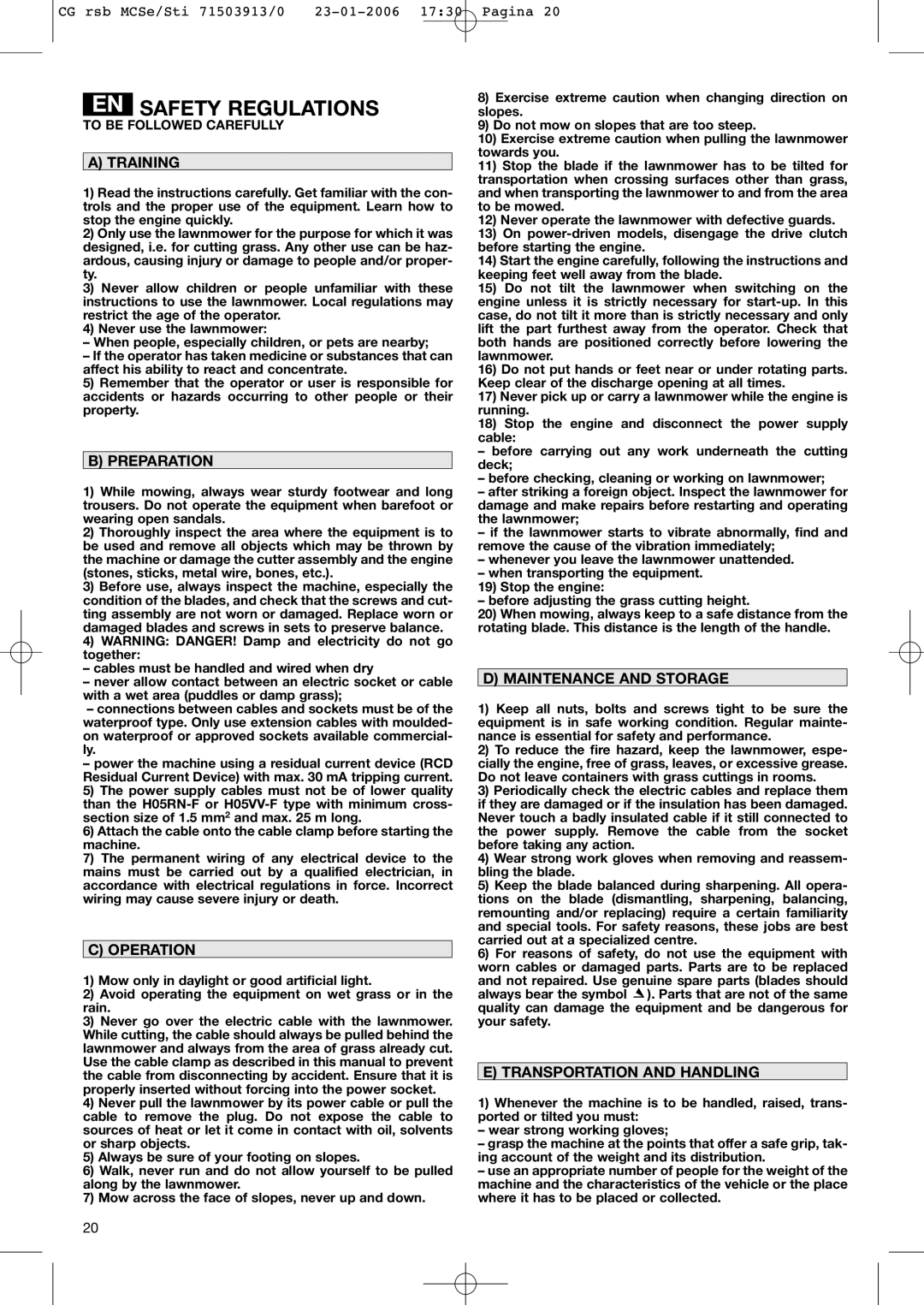 Stiga 50 EL manual En Safety Regulations, CG rsb MCSe/Sti 71503913/0, 23-01-2006 1730 Pagina, A Training, B Preparation 