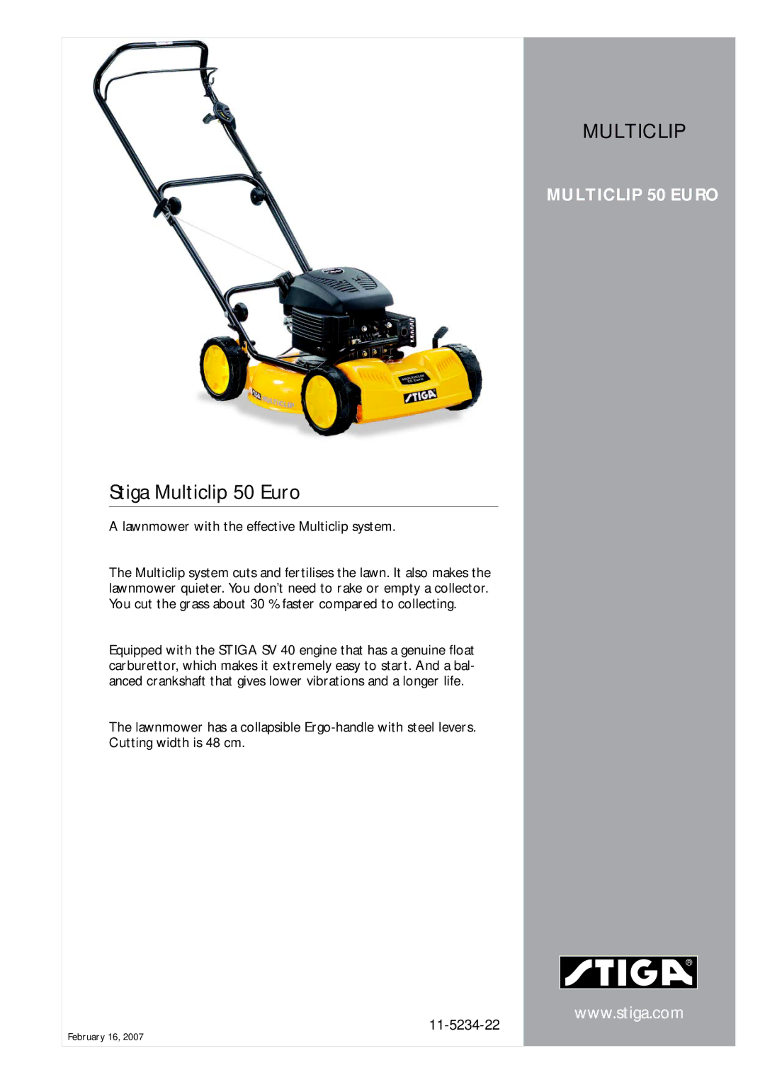 Stiga 50 EURO manual Stiga Multiclip 50 Euro, Lawnmower with the effective Multiclip system 