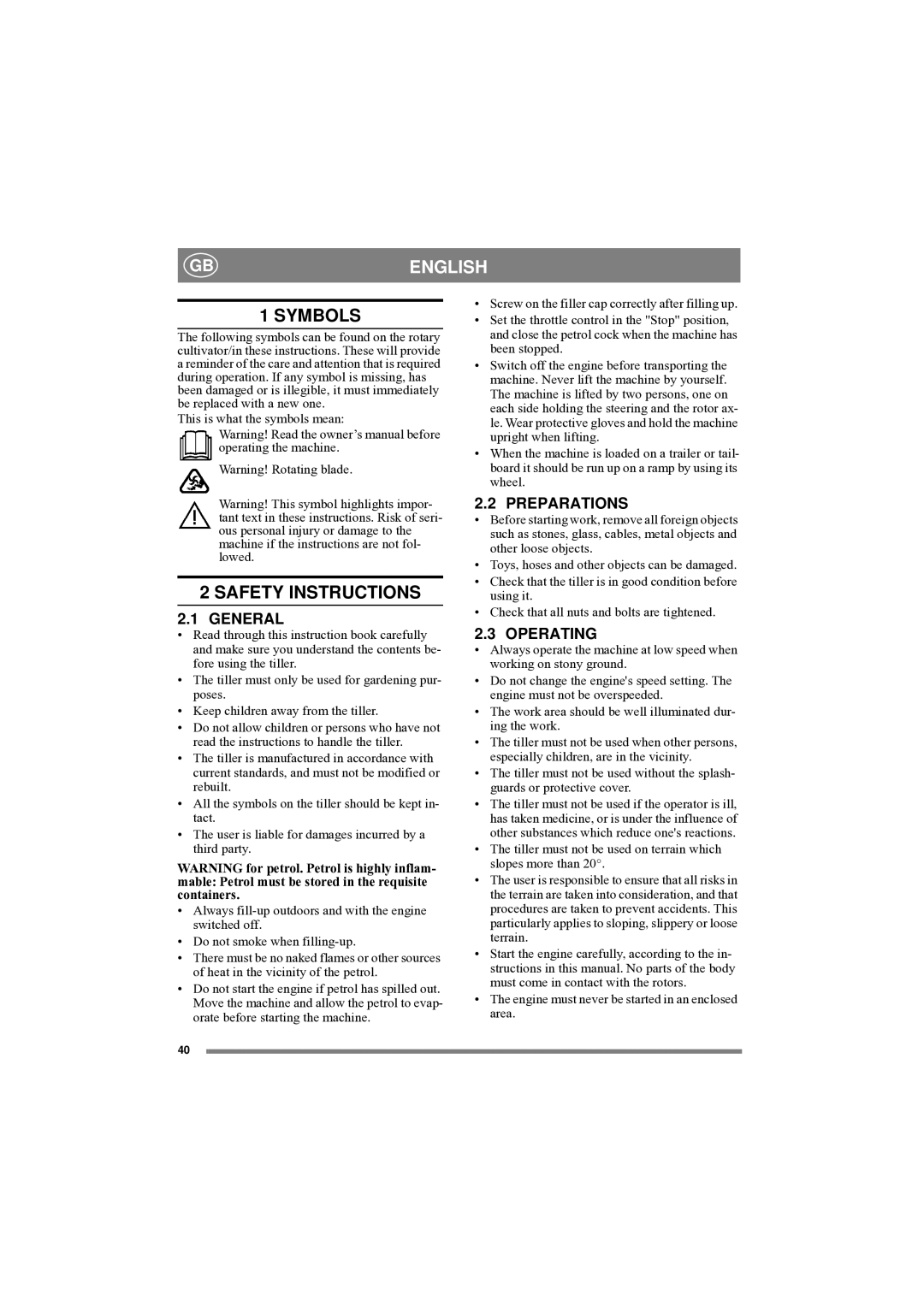 Stiga 40R-G, 50R-B, 50-G, 50-H, 40-G manual Symbols, Safety Instructions 