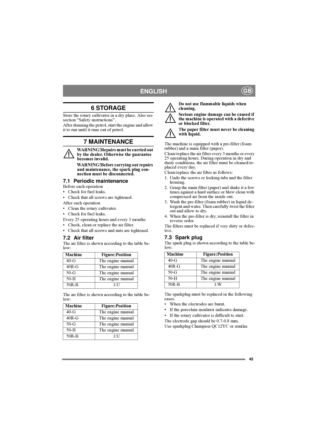 Stiga 40R-G, 50R-B, 50-G, 50-H, 40-G manual Storage, Maintenance, Periodic maintenance, Air filter, Spark plug 