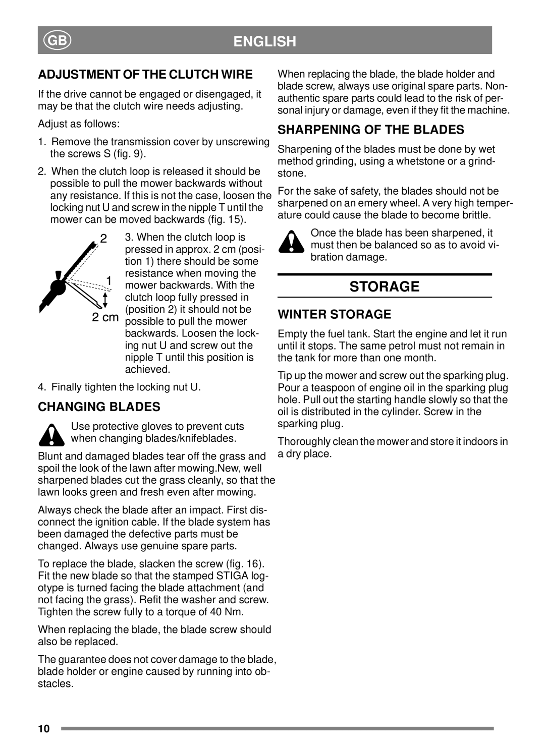 Stiga PRO 51 S, 51 SE manual Adjustment of the Clutch Wire, Changing Blades, Sharpening of the Blades, Winter Storage 