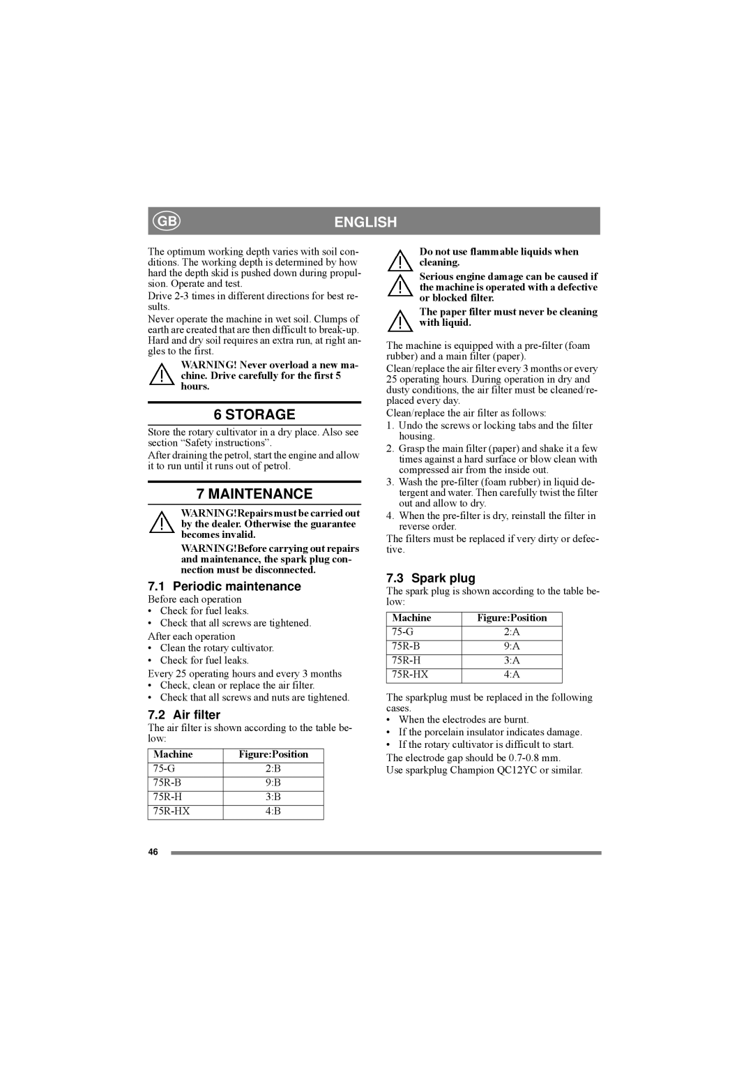 Stiga 75R-B, 75-G, 75R-HX manual Storage, Maintenance, Periodic maintenance, Air filter, Spark plug 