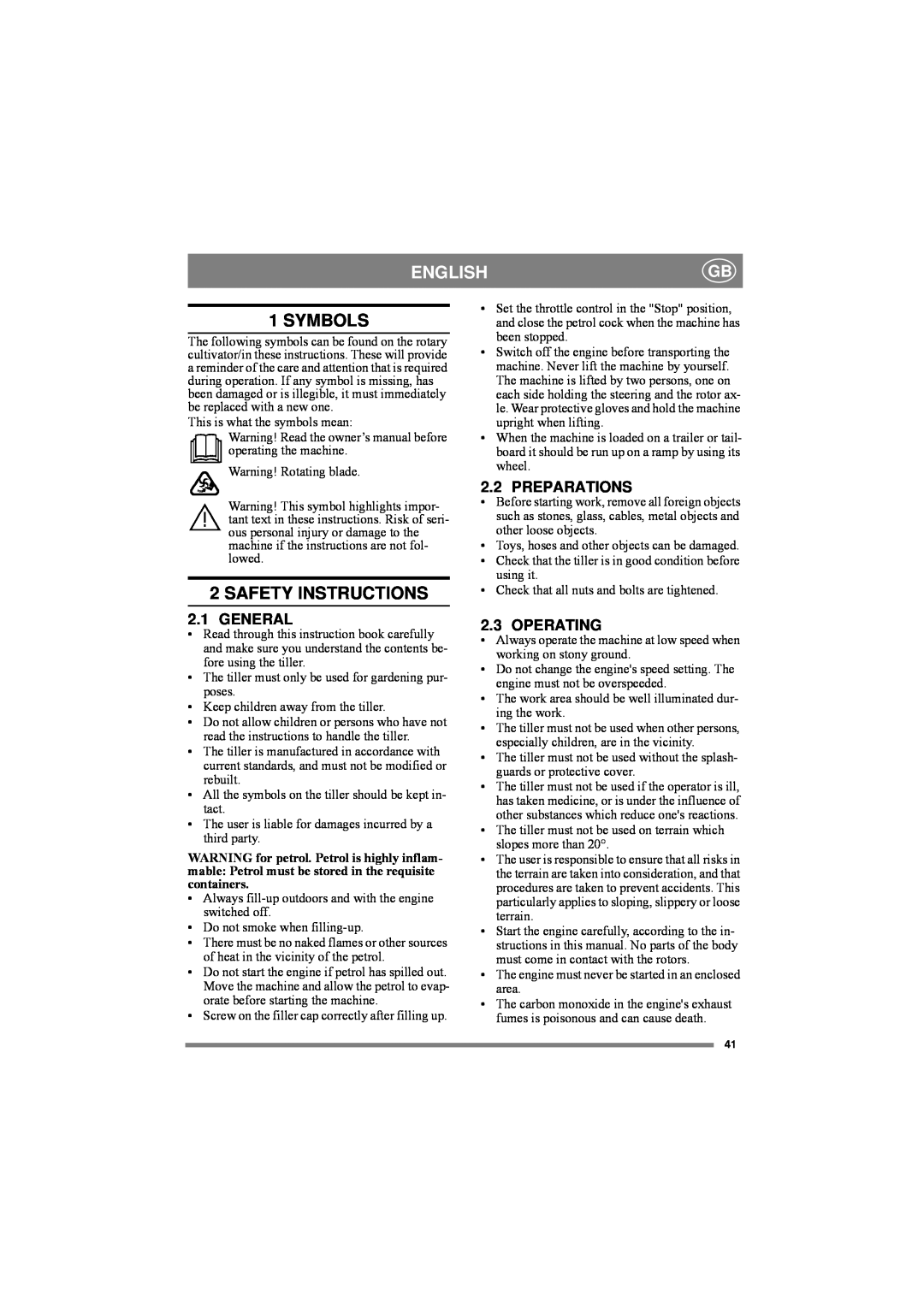Stiga 75R-B, 75-G, 75R-HX manual English, Symbols, Safety Instructions 