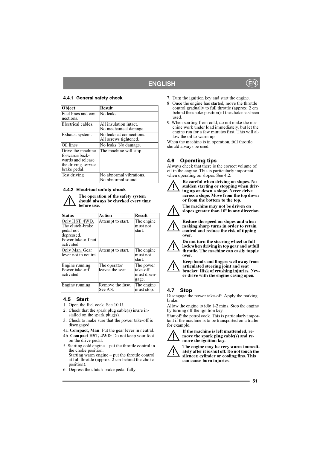 Stiga 8211-0001-70 manual Start, Operating tips, Stop, General safety check, Electrical safety check 