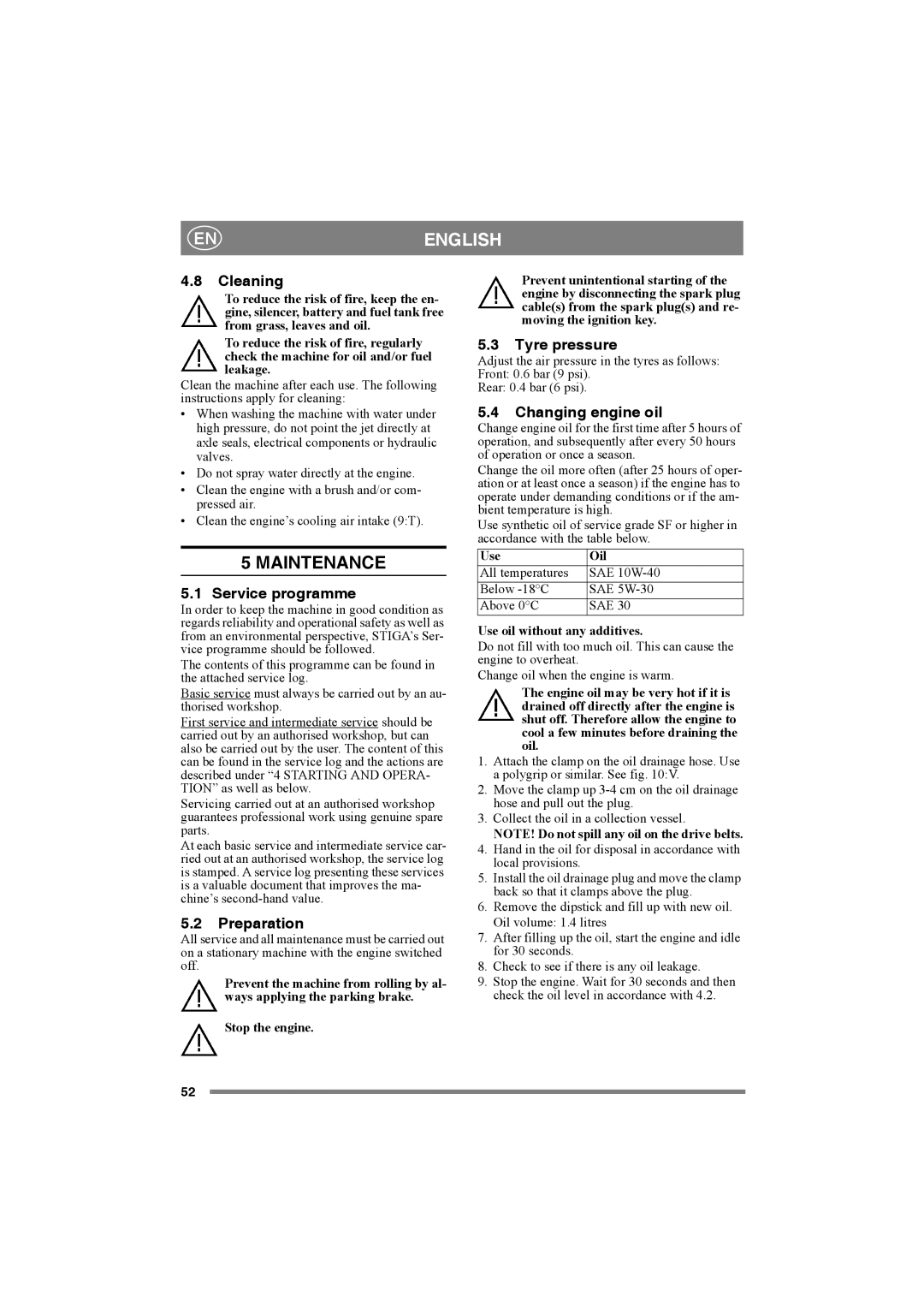 Stiga 8211-0001-70 manual Maintenance 