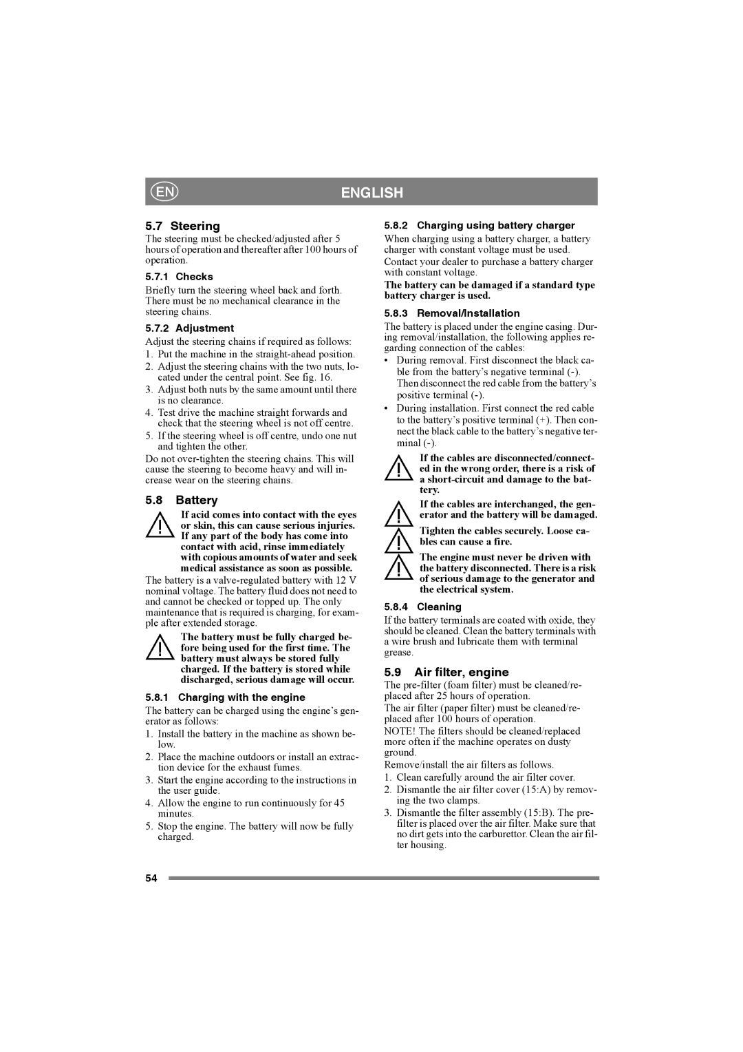 Stiga 8211-0001-70 manual Battery, Air filter, engine 