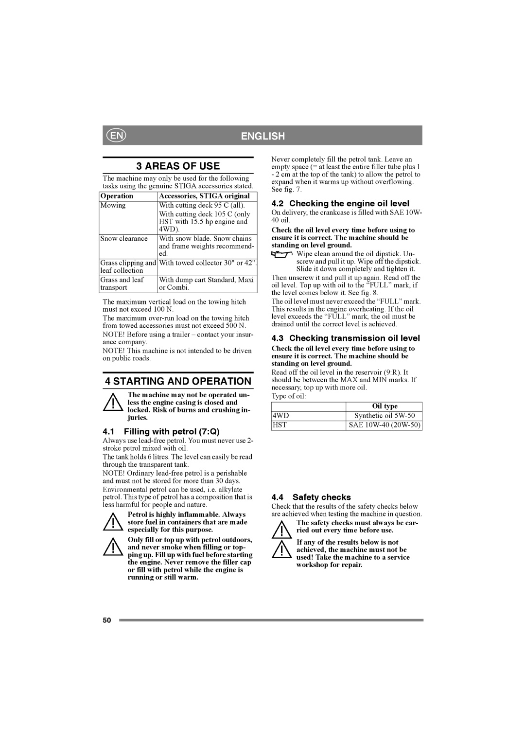 Stiga 8211-0001-70 manual Areas of USE, Starting and Operation 