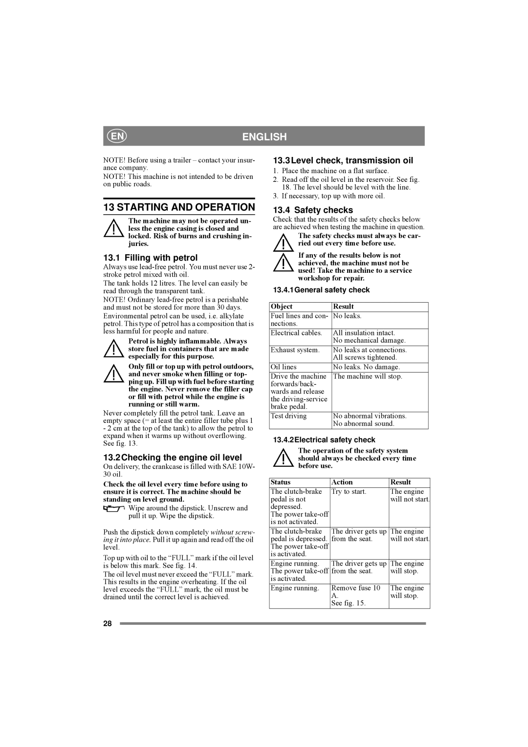 Stiga 8211-0072-80 manual Starting and Operation, 13.3Level check, transmission oil, Filling with petrol, Safety checks 