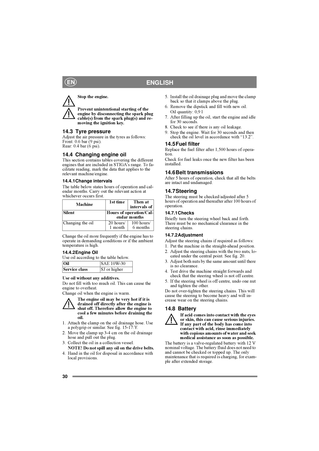 Stiga 8211-0072-80 Tyre pressure, Changing engine oil, 14.5Fuel filter, 14.6Belt transmissions, 14.7Steering, Battery 