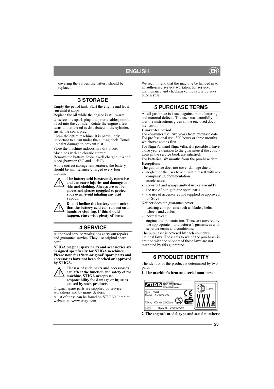 Stiga 8211-0072-80 manual Storage, Service, Purchase Terms, Product Identity 