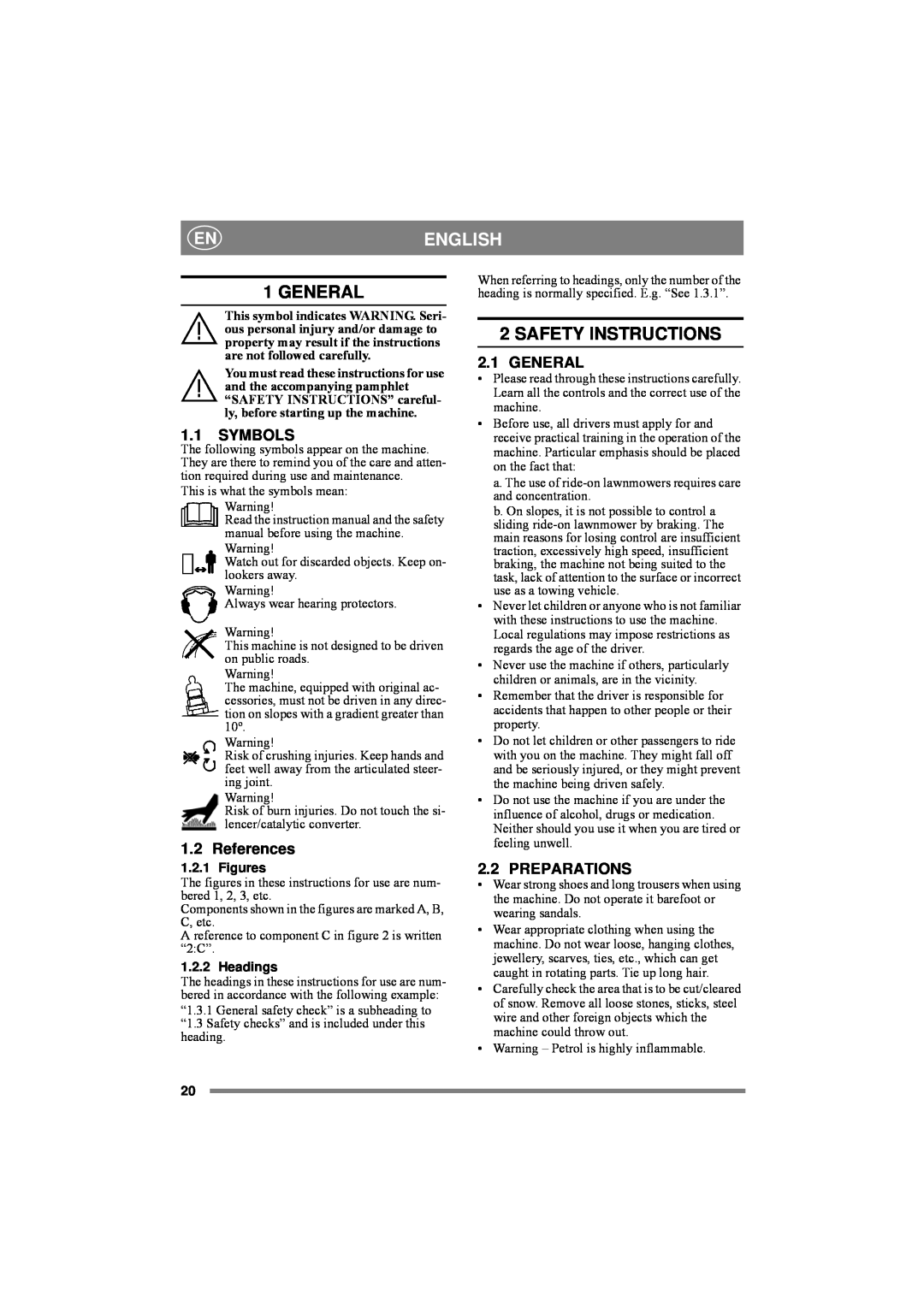 Stiga 8211-0072-80 manual Enenglish, General, Safety Instructions, 1.1SYMBOLS, References, Preparations, Figures, Headings 