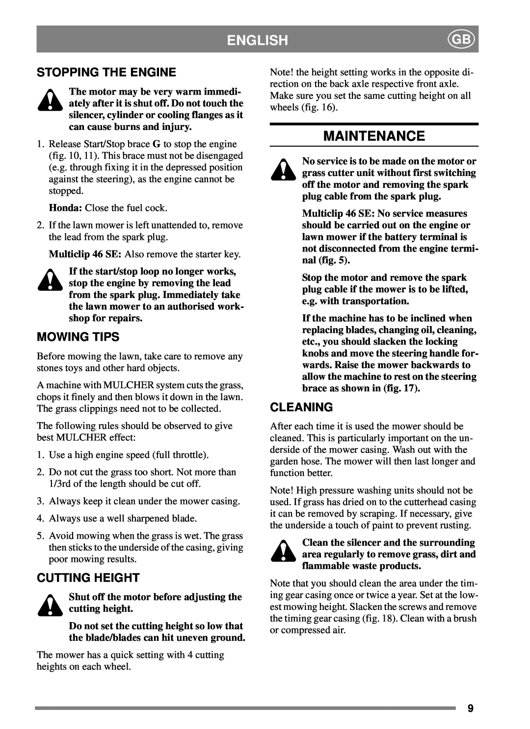 Stiga 8211-0203-09 manual Maintenance, Stopping The Engine, Mowing Tips, Cleaning, Cutting Height, English 