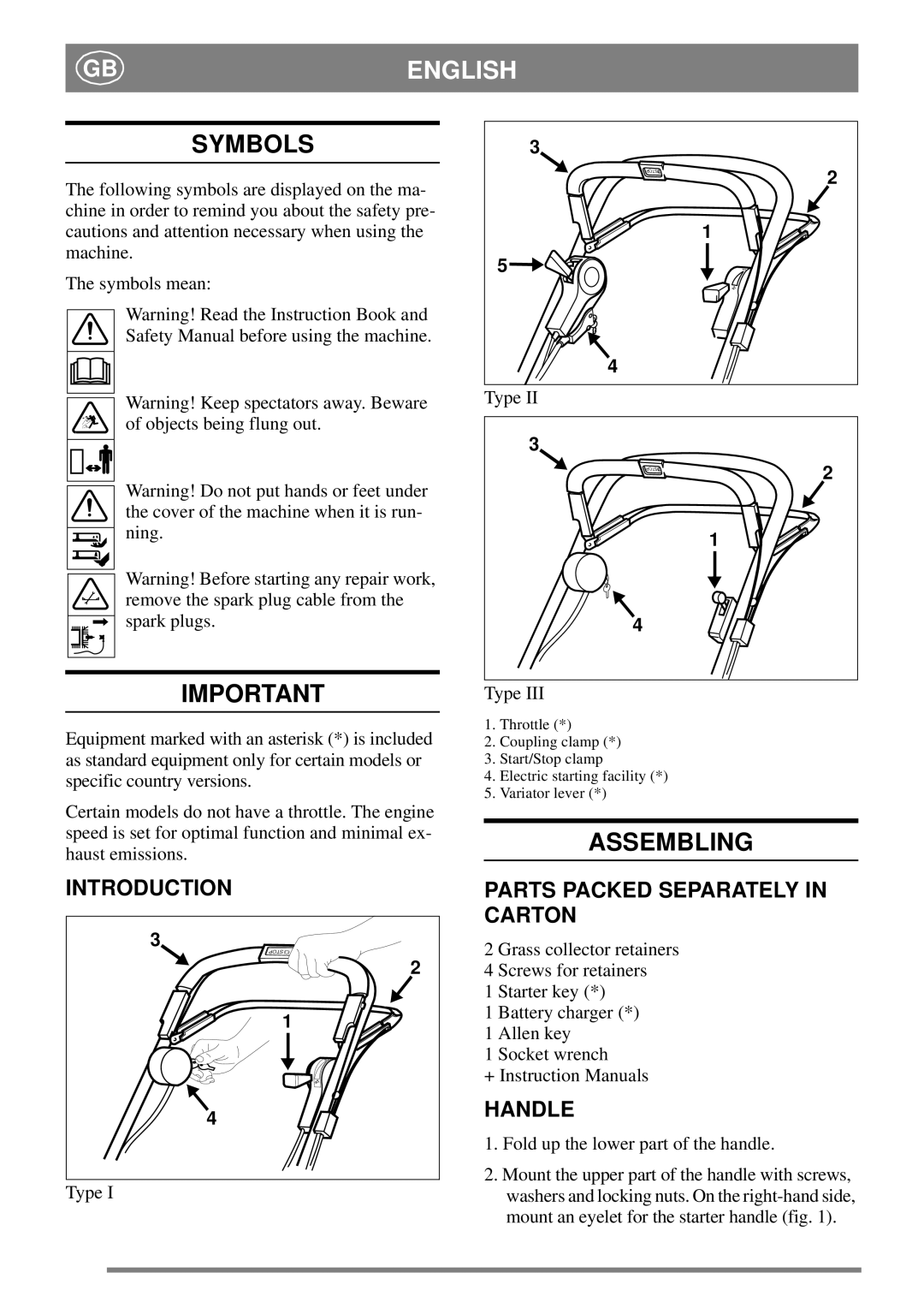 Stiga 8211-0208-08 manual Symbols, Assembling, Introduction, Parts Packed Separately in Carton, Handle 