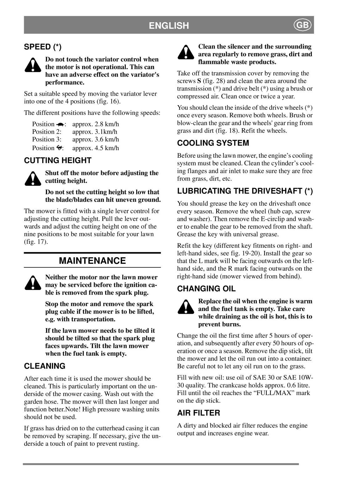 Stiga 8211-0208-08 manual Maintenance 