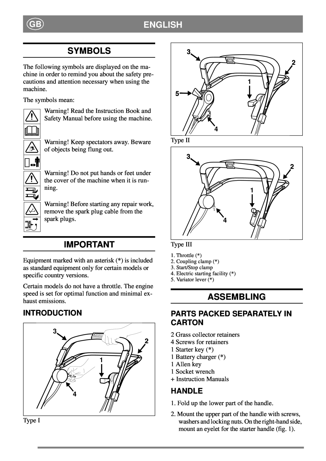 Stiga 8211-0208-08 manual English, Symbols, Assembling, Introduction, Parts Packed Separately In Carton, Handle 