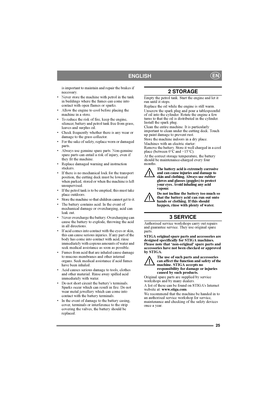 Stiga 8211-0209-13 manual Storage, Service 