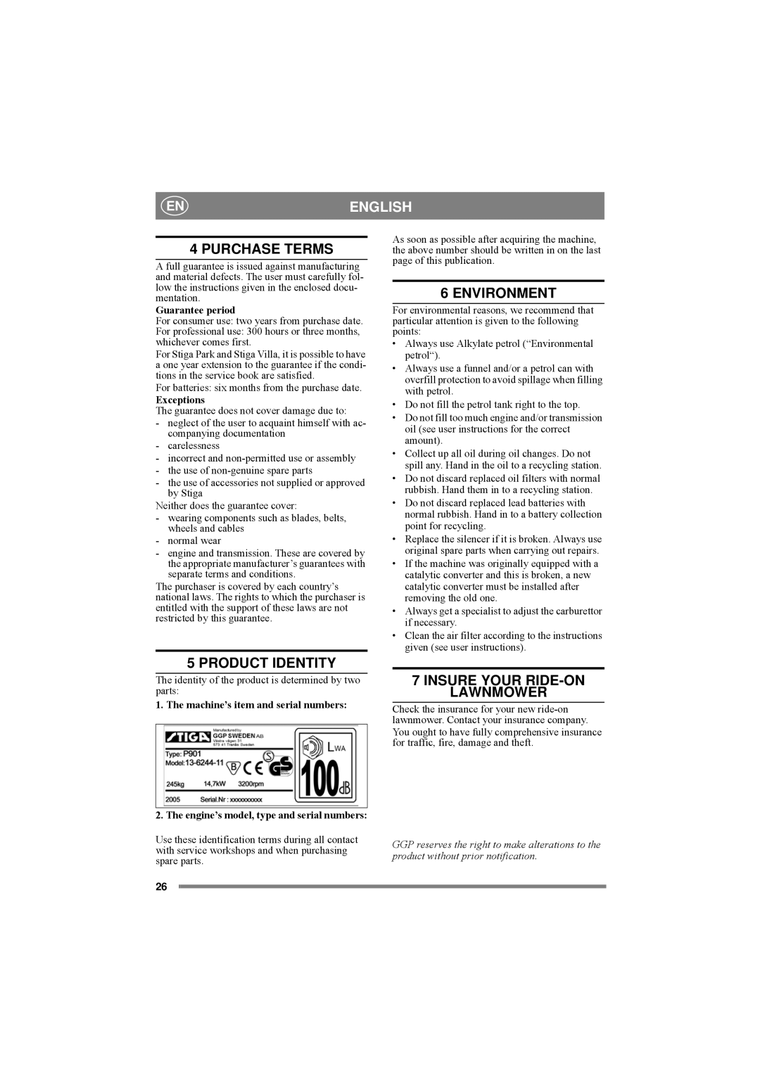 Stiga 8211-0209-13 manual Purchase Terms, Environment, Product Identity 