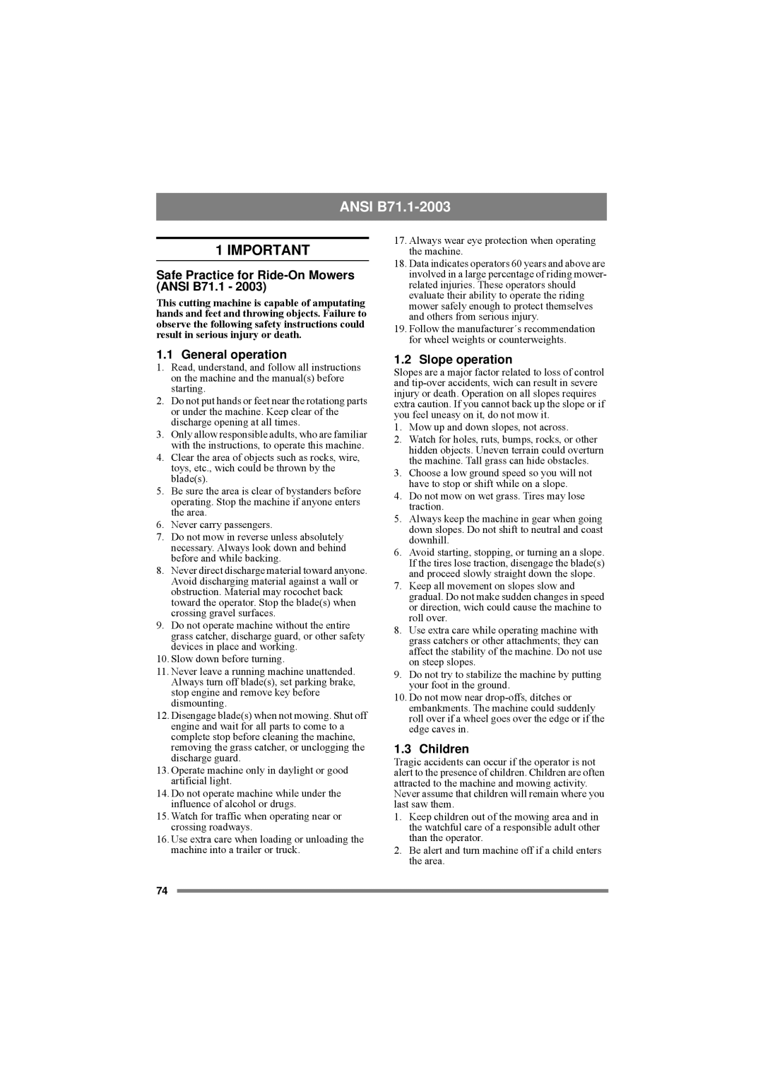 Stiga 8211-0209-13 manual Safe Practice for Ride-On Mowers Ansi B71.1, General operation, Slope operation, Children 