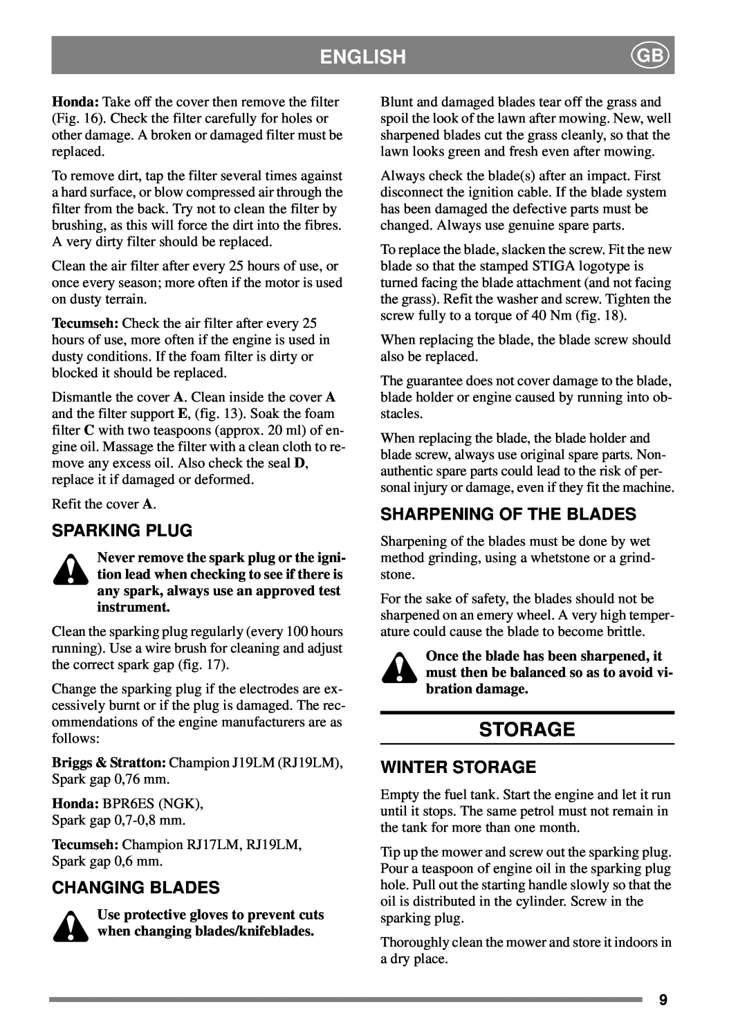 Stiga 8211-0223-07 manual Sparking Plug, Changing Blades, Sharpening Of The Blades, Winter Storage, English 