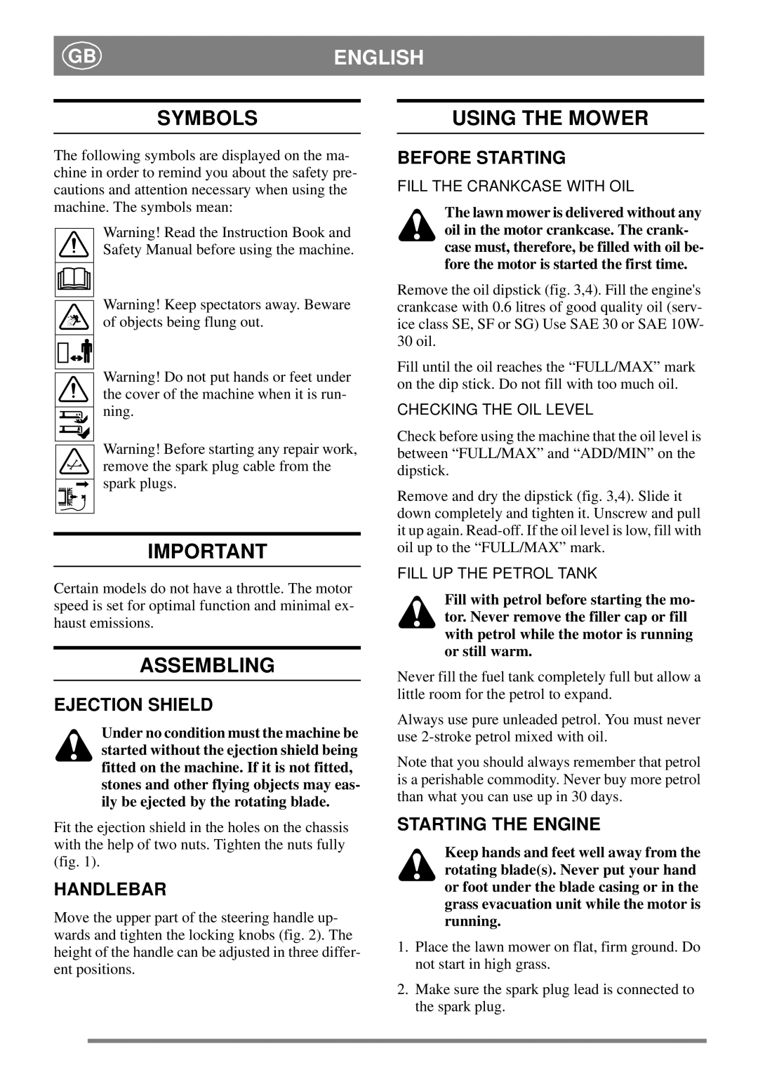 Stiga 8211-0225-06 manual Symbols, Using the Mower, Assembling 