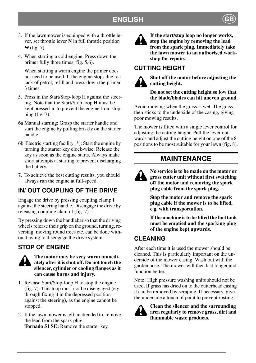 Stiga 8211-0225-06 manual Maintenance, IN/ OUT Coupling of the Drive, Stop of Engine, Cutting Height, Cleaning 