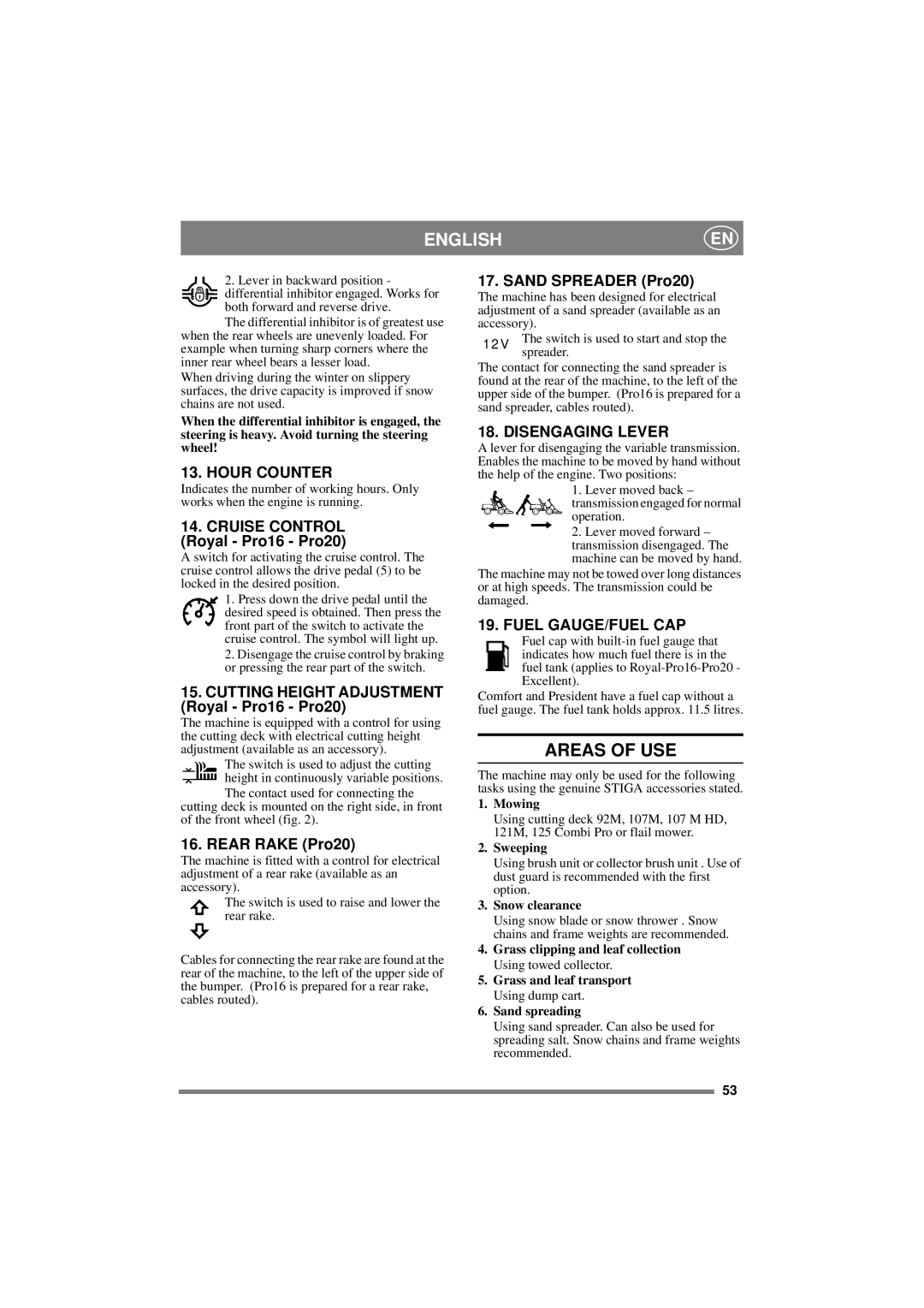 Stiga 8211-0276-08 manual Areas of USE, Hour Counter, Disengaging Lever, Fuel GAUGE/FUEL CAP 