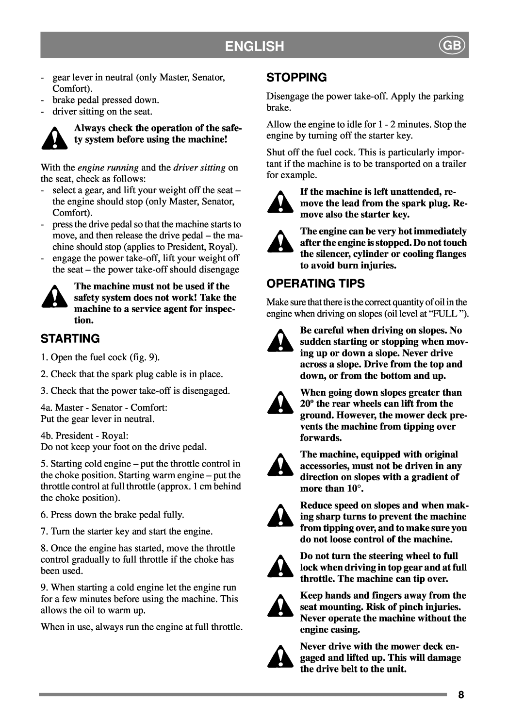 Stiga 8211-0288-01 manual Starting, Stopping, Operating Tips, English 