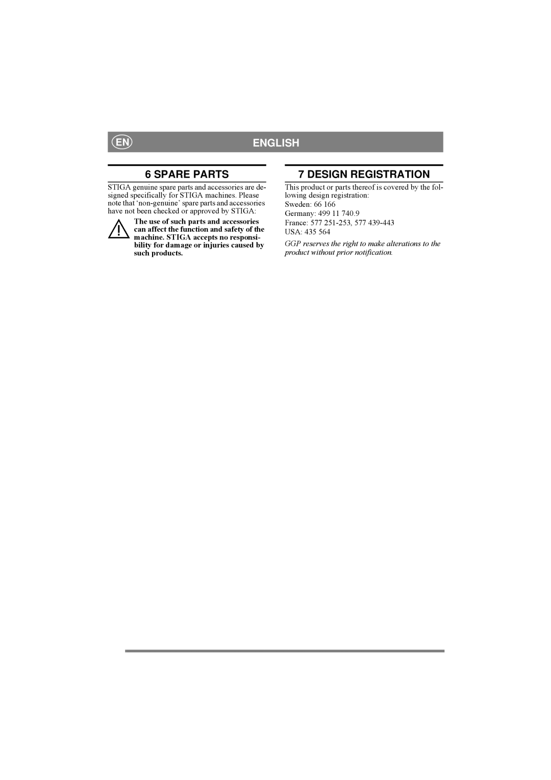 Stiga 8211-0543-01 manual Spare Parts, Design Registration 