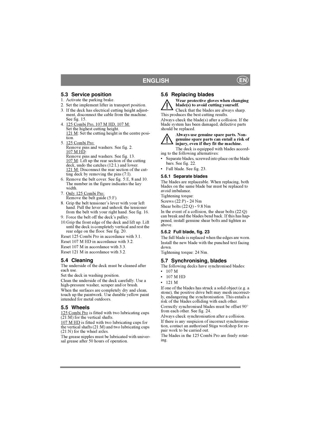 Stiga 8211-0543-01 manual Service position, Cleaning, Wheels, Replacing blades, Synchronising, blades 