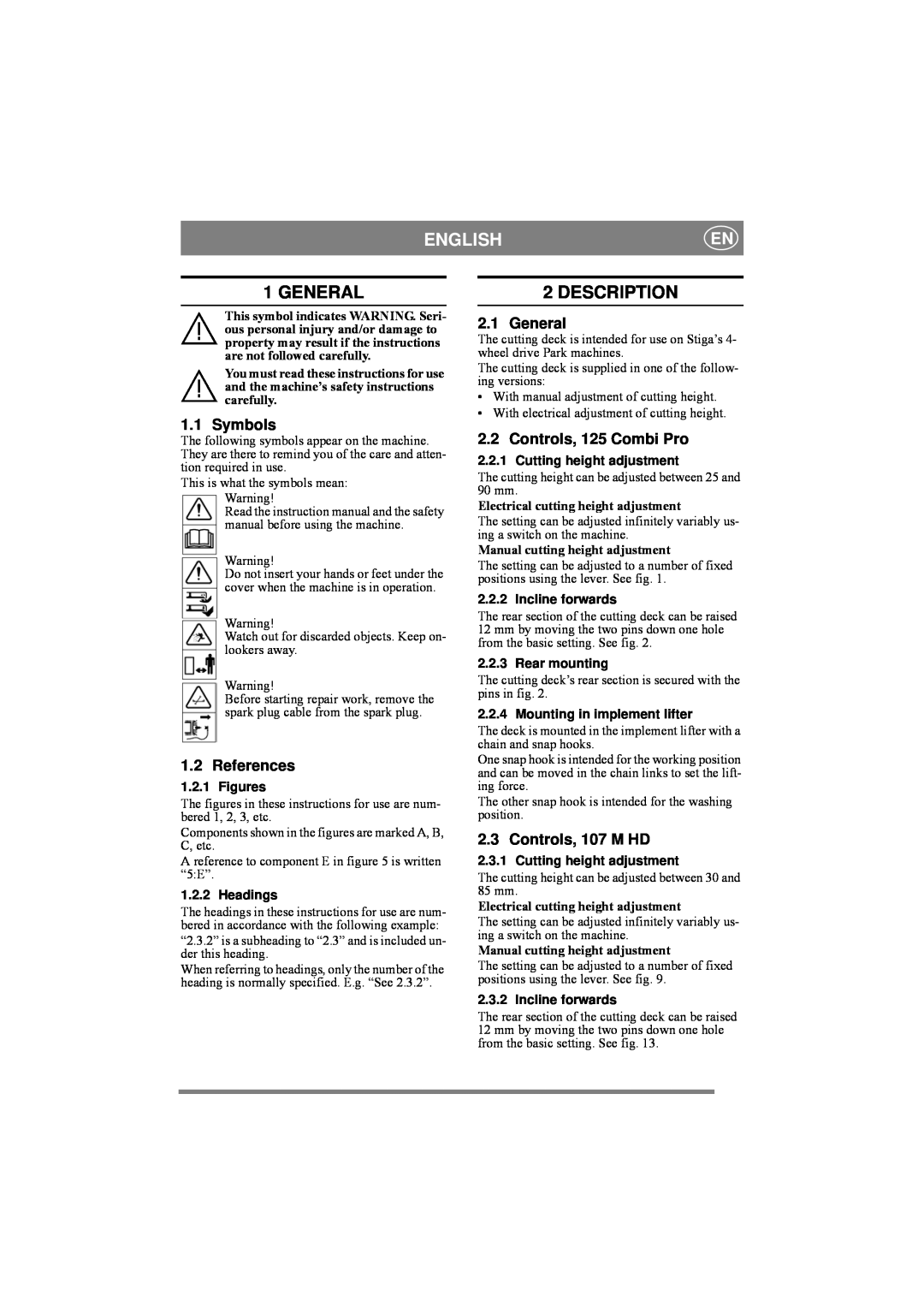 Stiga 8211-0543-01 manual English, General, Description, Symbols, References, Controls, 125 Combi Pro, Controls, 107 M HD 
