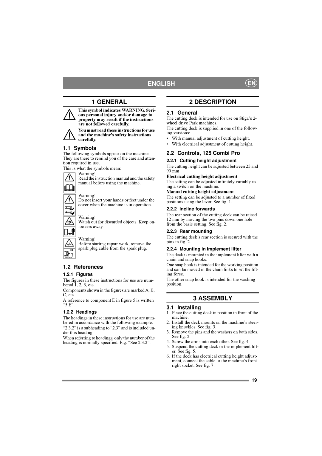 Stiga 8211-0546-02 manual Englishen, General, Description, Assembly 