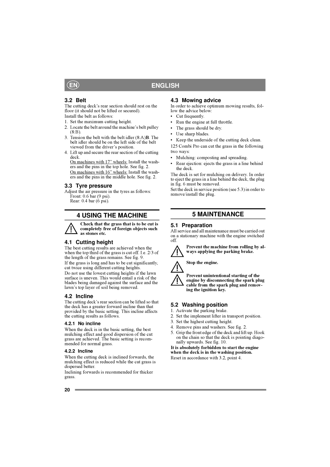 Stiga 8211-0546-02 manual Enenglish, Using the Machine, Maintenance 