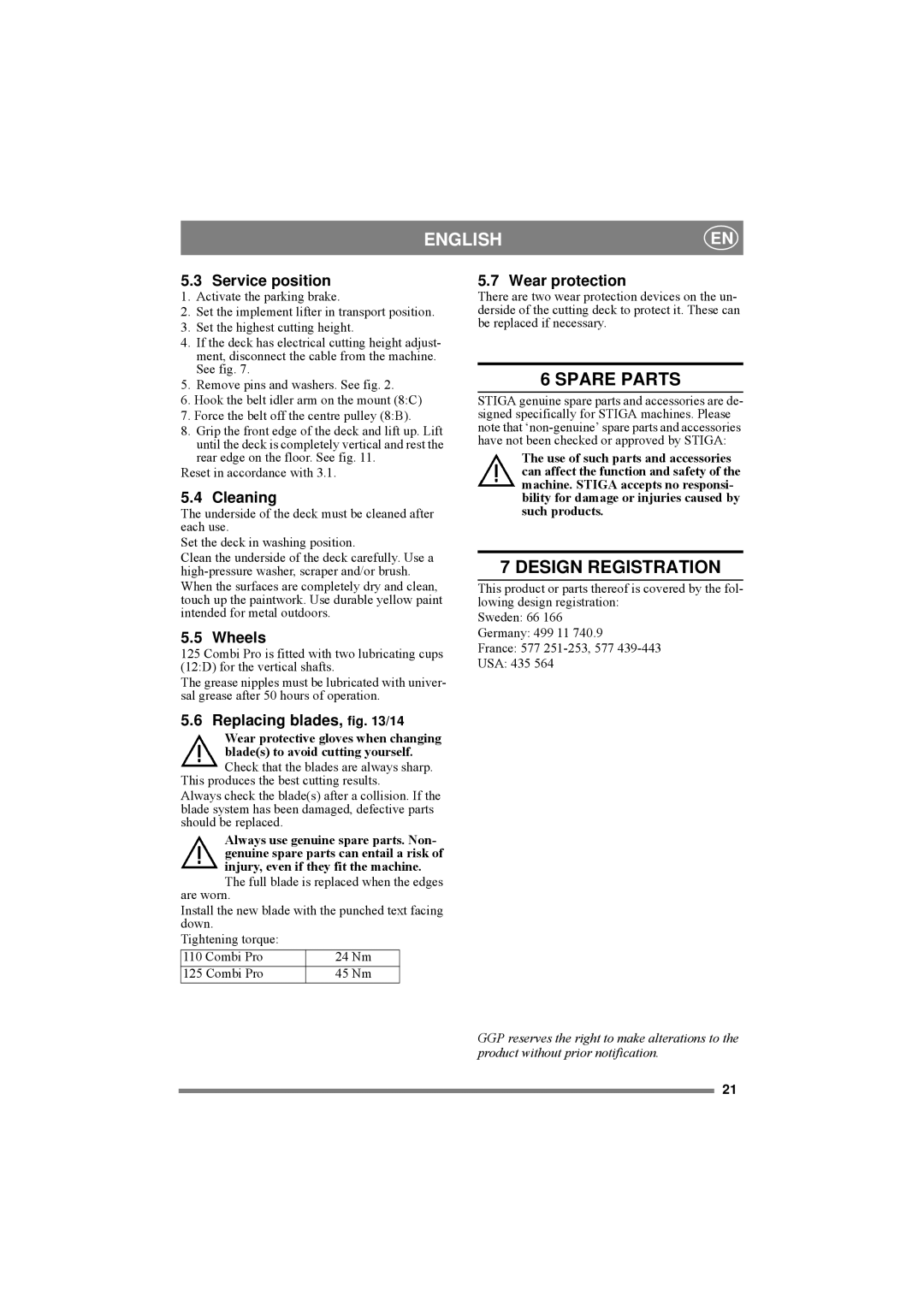 Stiga 8211-0546-02 manual Spare Parts, Design Registration 