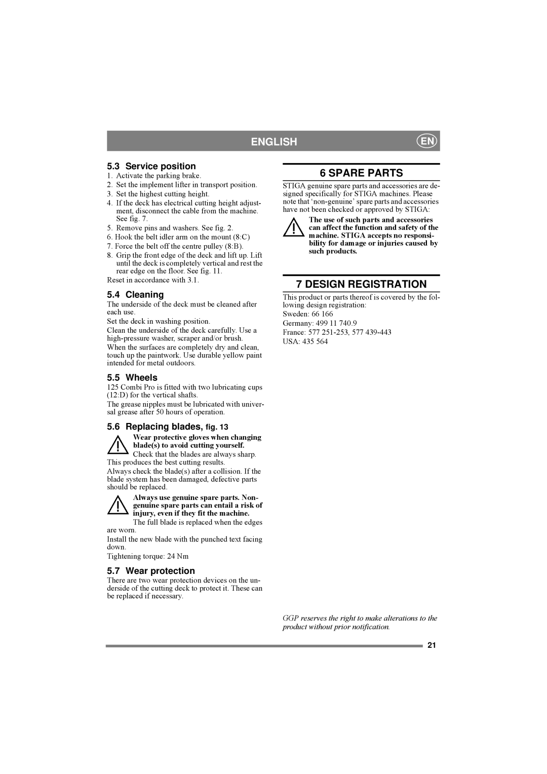 Stiga 8211-0546-03 manual Spare Parts, Design Registration 