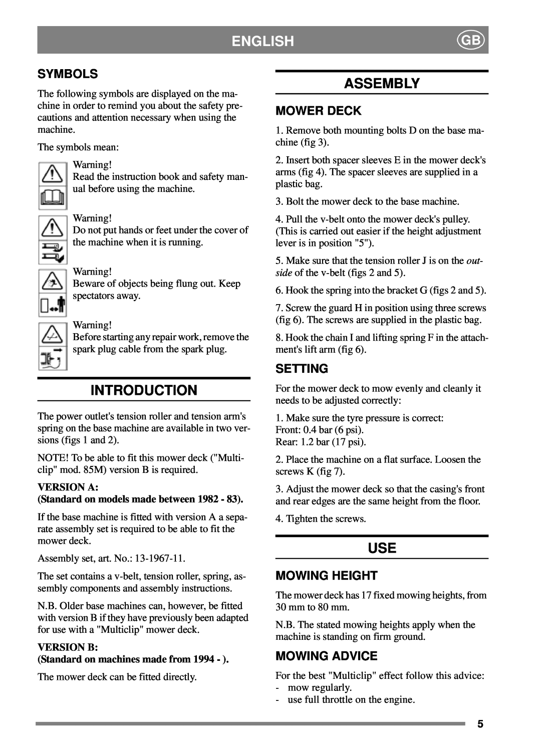 Stiga 8211-3013-10 manual English, Assembly, Introduction, Symbols, Mower Deck, Setting, Mowing Height, Mowing Advice 