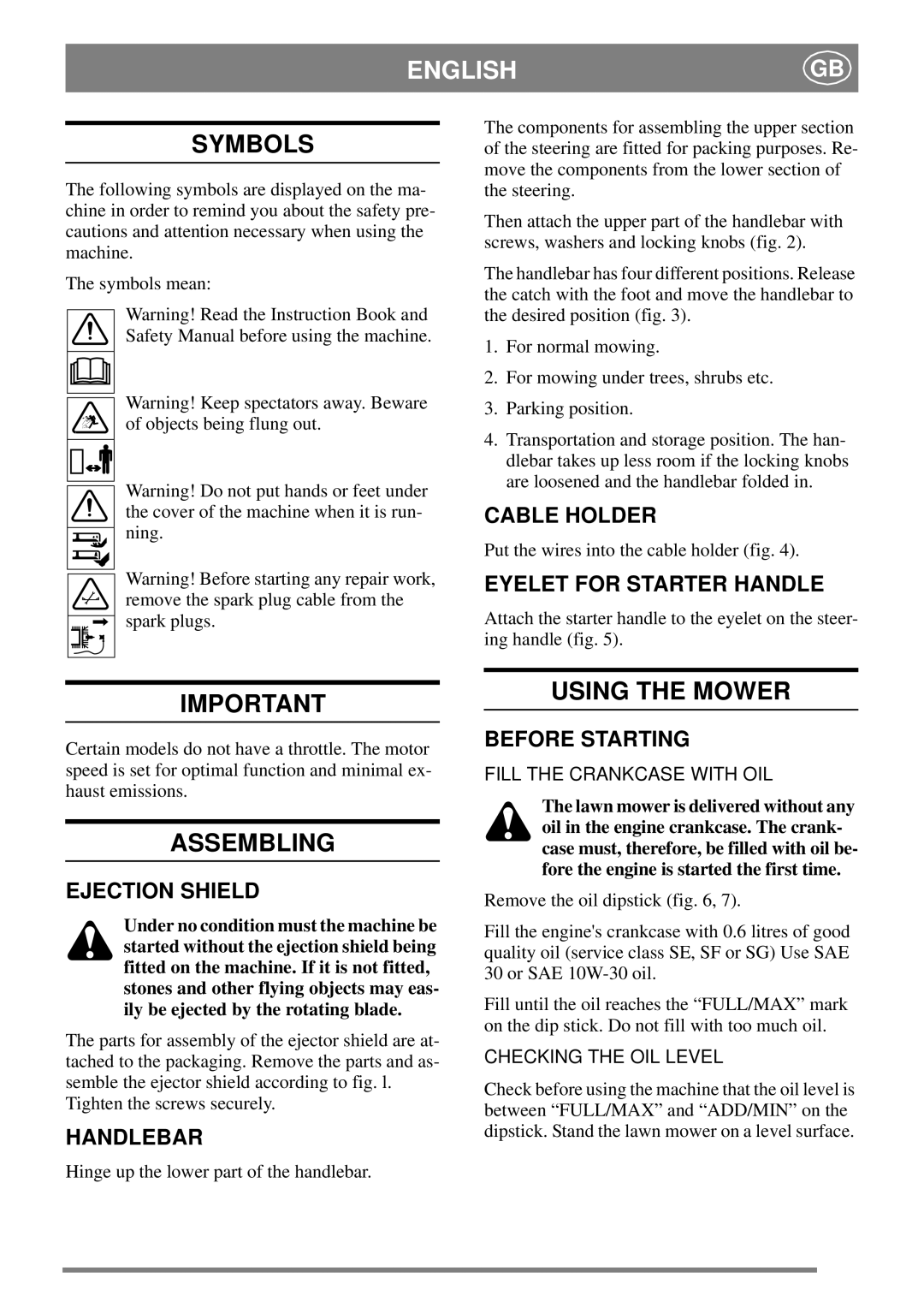 Stiga 8211-3389-05 manual Symbols, Assembling, Using the Mower 