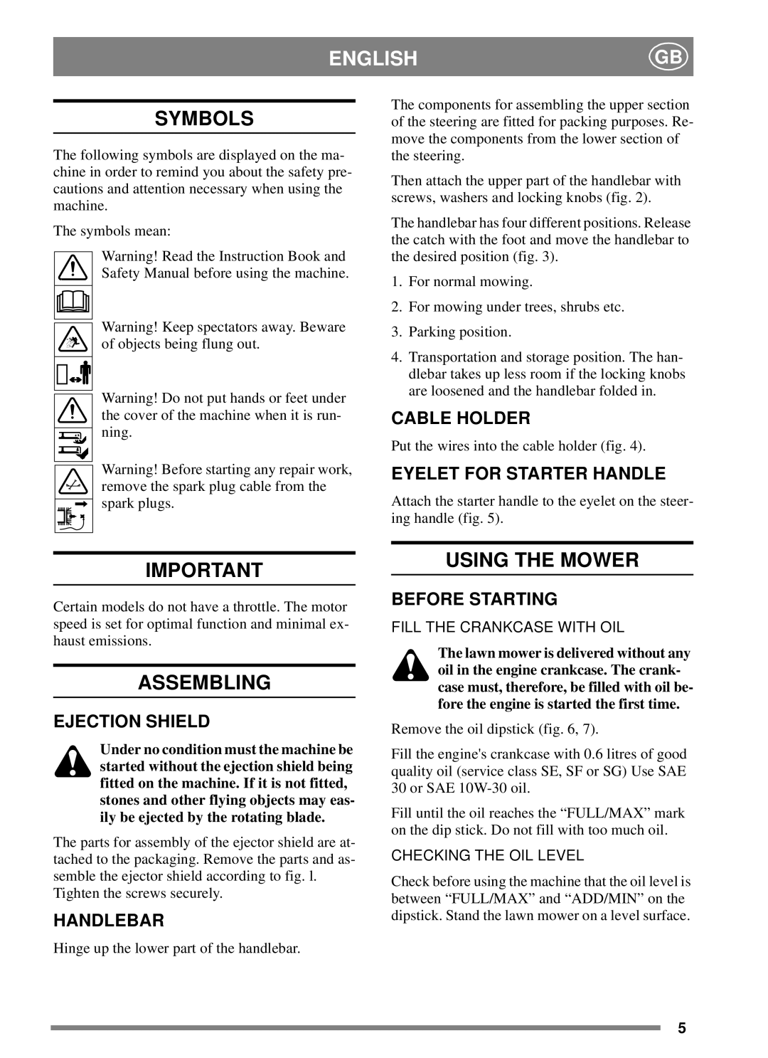 Stiga 8211-3389-06 manual Symbols, Assembling, Using the Mower 