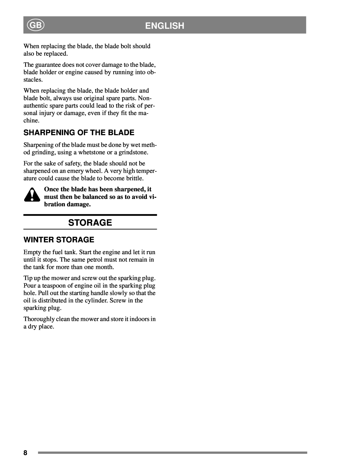 Stiga 8211-3389-06 manual Sharpening Of The Blade, Winter Storage, English 