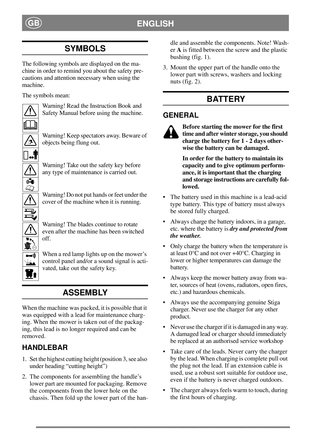 Stiga 8211-3417-03 manual Symbols, Assembly, Battery, General, Handlebar 