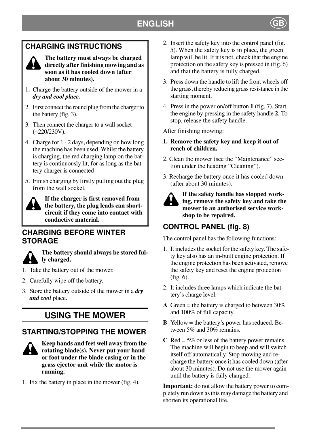 Stiga 8211-3417-03 Using the Mower, Charging Instructions, Charging Before Winter Storage, STARTING/STOPPING the Mower 